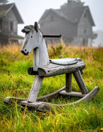An old wooden rocking horse sits alone in a grassy field, a silent relic of forgotten childhood joys. In the background, rustic homes fade into the morning mist, creating a nostalgic and slightly melancholic scene about the passage of time and cherished memories left behind.の素材