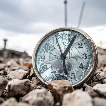 In a desolate landscape of rubble and rock, a forgotten clock lies with its face shattered, its hands frozen. A powerful metaphor for the end of an era, lost time, or the dramatic aftermath of a catastrophic event. The somber, cloudy sky enhances the feeling of finality and decay.の素材