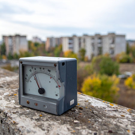 An old analog dosimeter rests on a concrete ledge, its needle indicating a silent reading. In the background, the blurred outlines of abandoned apartment blocks stand against an overcast sky, suggesting a story of environmental monitoring in a forgotten or post-disaster urban landscape.の素材