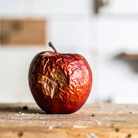 Once a vibrant and crisp red apple, now sits forgotten on a rustic wooden table. Time has taken its toll, leaving behind a beautifully textured and wrinkled skin, a testament to the natural cycle of decay and the inevitable process of aging.の素材
