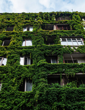 From a low angle, a residential buildings facade is completely consumed by a dense blanket of vibrant green ivy. This image captures the powerful concept of nature reclaiming urban spaces, symbolizing sustainable architecture, biophilic design, and a greener future for our cities.の素材