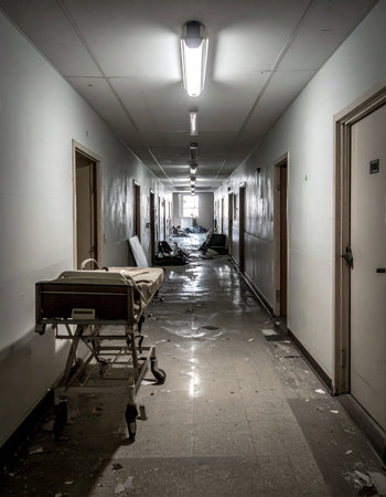 A chilling view down a long, decaying corridor of an abandoned hospital. An empty gurney sits in the foreground, a silent testament to past emergencies, while debris litters the floor under harsh fluorescent lights, creating a scene of desolation and horror.の素材
