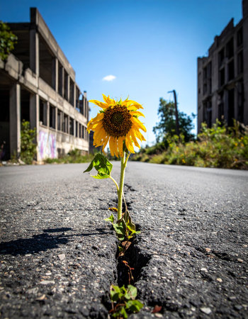 In the heart of a forgotten city, amidst decaying buildings and cracked asphalt, a single sunflower defiantly pushes through the pavement. This powerful image symbolizes hope, resilience, and the enduring strength of nature to find a way to thrive even in the most desolate of urban landscapes. Its a metaphor for new beginnings and overcoming adversity.の素材