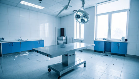 In the quiet moments before a critical procedure, a modern surgical suite stands ready. The sterile environment, bathed in cool blue light, signifies a space of high-stakes precision and medical innovation.の素材