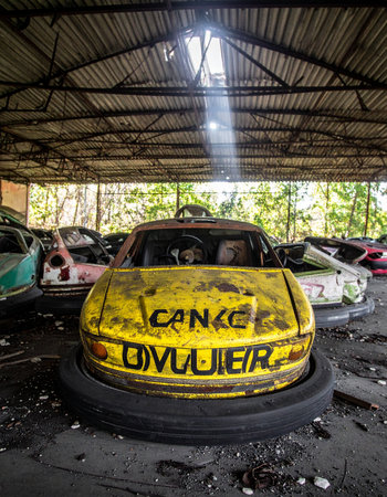 In a forgotten amusement park, a single beam of light shines down like a spotlight on a derelict yellow bumper car. Scrawled with the words Game Over, it sits as a silent monument to past laughter and joy, now surrendered to decay and the quiet encroachment of nature.の素材