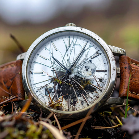 A forgotten wristwatch with a shattered face lies abandoned on the damp earth. Its hands are frozen, a poignant symbol of lost moments, the relentless passage of time, and the fragility of memory. A powerful metaphor for endings and decay.の素材