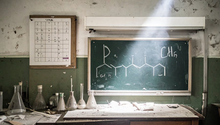 In a derelict classroom, a single beam of light illuminates a complex chemical formula on a dusty chalkboard. Forgotten beakers and flasks stand silent witness to past experiments, creating a scene of eerie nostalgia and lost knowledge.の素材