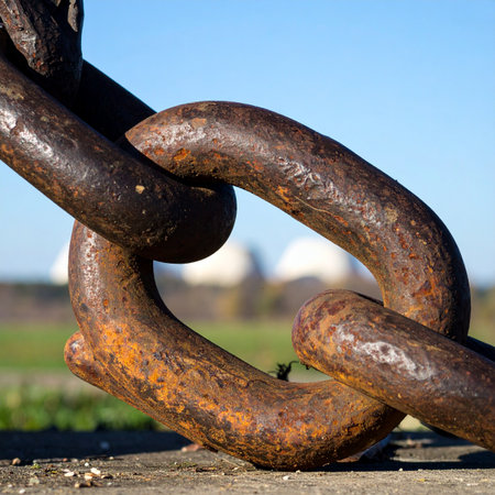 A close-up view captures the weathered texture of a massive, rusty industrial chain link, symbolizing strength, history, and enduring connection. Each pit and flake of rust tells a story of resilience and the passage of time, resting under a clear blue sky.の素材