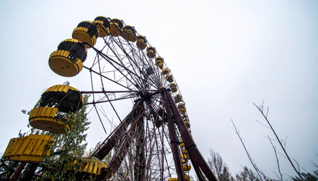 A low-angle view captures the haunting silence of the iconic abandoned Ferris wheel in Pripyat. A stark symbol of the Chernobyl disaster, its rusted yellow cabins stand motionless against a bleak sky, a poignant reminder of a city frozen in time.の素材