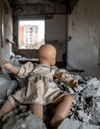 A lone doll sits amidst the concrete rubble of a bombed-out building, a poignant and heartbreaking symbol of lost childhood and the devastating impact of war. Through a shattered wall, a distant city block stands as a silent witness to the tragedy, representing the forgotten innocence left behind in the aftermath of conflict.の素材