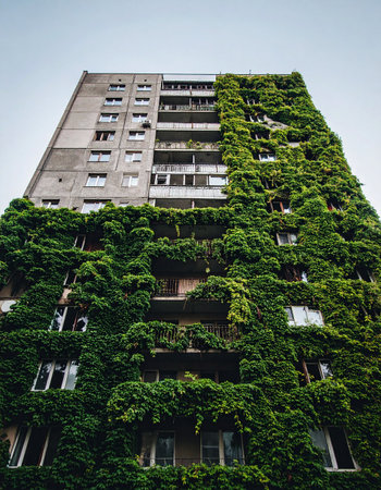 A striking visual of natures persistence, where vibrant green ivy climbs and envelops a stark, brutalist concrete apartment building. This image captures the powerful contrast between urban development and the reclaiming force of the natural world, symbolizing sustainability and ecological balance.の素材