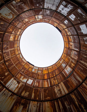 From the depths of a forgotten industrial silo, a weathered metal interior frames a perfect circle of bright sky. The rusted, decaying walls tell a story of a bygone era, while the opening above offers a powerful symbol of hope, escape, and the promise of a new beginning. A dramatic perspective on decay and resilience.の素材