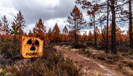 A rusty, weathered radiation warning sign stands as a grim sentinel at the edge of a desolate, burnt forest. A forgotten path winds through the decaying landscape, a silent testament to a past catastrophe and a stark warning about a contaminated future.の素材