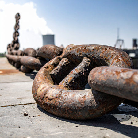 A massive, weathered anchor chain rests on a concrete pier, its rusted links telling a story of countless voyages and battles against the sea. Each corroded surface speaks to the immense strength and durability required in heavy industry and maritime shipping, symbolizing connection, power, and resilience.の素材
