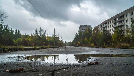 A low-angle view of a cracked and puddle-strewn street in the abandoned city of Pripyat. The reflection in the water mirrors the somber, cloudy sky, while decaying Soviet-era buildings stand as silent witnesses to the Chernobyl disaster. The scene evokes a powerful sense of desolation and the unstoppable force of nature reclaiming a forgotten world.の素材