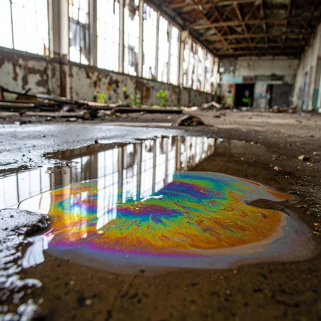 In the quiet decay of a forgotten factory, a puddle on the concrete floor captures a surprising moment of beauty. An iridescent oil slick shimmers with all the colors of the rainbow, a stark and beautiful contrast to the surrounding industrial ruin and neglect.の素材