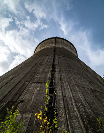 From a low angle, a colossal concrete cooling tower dominates the frame, a silent monument to a bygone industrial era. Its weathered surface tells a story of time and neglect, while nature begins its slow, persistent reclamation at its base, symbolizing industrial decline.の素材