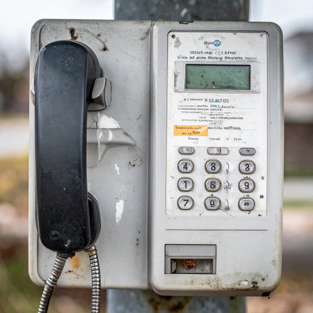 A close-up of a weathered and forgotten public payphone, a silent relic from a bygone era of communication. Its grimy surface and worn keypad hint at countless stories and conversations from the past, now standing as a nostalgic symbol of outdated technology in a digital world.の素材