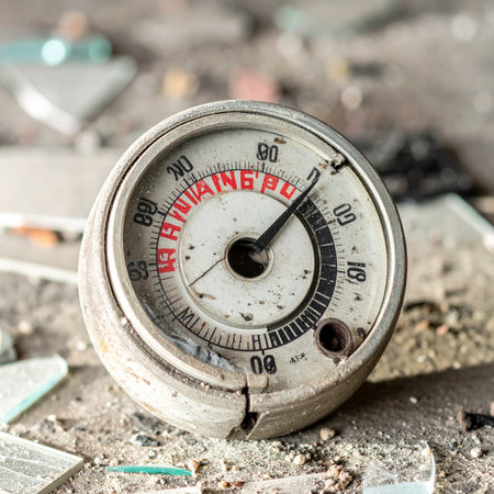 A forgotten pressure gauge lies broken amidst the rubble of a derelict factory. Its needle is frozen, a silent testament to a past era of industry and a stark warning of danger and decay. The scene evokes themes of abandonment, post-apocalyptic landscapes, and the relentless passage of time.の素材