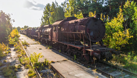 A silent testament to a bygone era, a forgotten steam locomotive rests on tracks slowly being consumed by a vibrant, encroaching forest. The warm sunlight filters through the leaves, illuminating the rust and decay, creating a poignant scene of natures relentless power to reclaim what was once man-made.の素材