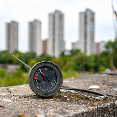 An old analog tire pressure gauge rests on a concrete ledge, forgotten against the backdrop of a modern, blurry cityscape. This image serves as a powerful metaphor for the pressures of urban life, forgotten tools in a digital age, or the constant need for maintenance and measurement.の素材