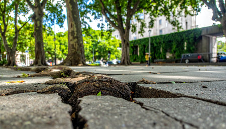 From a low-angle perspective, the immense power of nature is on full display as strong tree roots push upwards, cracking and destroying the urban pavement. This powerful image symbolizes resilience, hidden strength, and the constant struggle between the natural world and man-made environments.の素材
