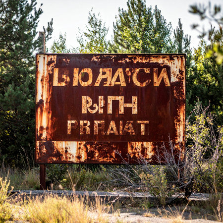 A heavily rusted sign with faded Cyrillic letters stands as a silent, forgotten sentinel amidst the overgrown forests of the Chernobyl Exclusion Zone. Battered by time and weather, this relic of the Soviet era serves as a haunting reminder of the nuclear disaster and the abandoned world left behind.の素材