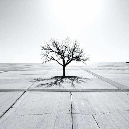 In a vast, empty landscape of cold concrete, a single bare tree stands as a powerful symbol of resilience and survival. Its determined roots have broken through the man-made surface, reaching for life against all odds. This minimalist black and white scene evokes feelings of solitude, strength, and the enduring power of nature.の素材