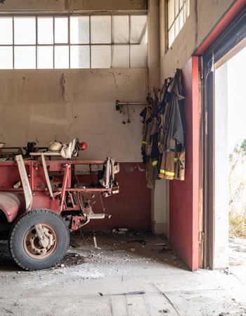 Sunlight streams through the dusty windows of a forgotten fire station, illuminating the relics of a bygone era. Weathered firefighter gear hangs on the wall, a silent testament to past emergencies, while the frame of a vintage vehicle waits for a call that will never come. The scene evokes a powerful sense of history and nostalgia.の素材