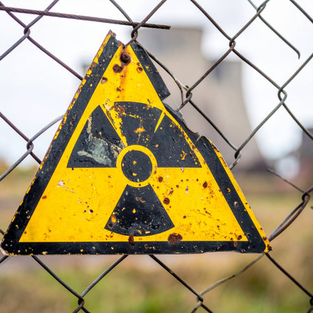 A weathered and rusted radiation hazard sign clings to a chain-link fence, a stark reminder of unseen dangers within the restricted area. The peeling paint and decay tell a story of a long-abandoned place, where the threat of contamination silently lingers.の素材