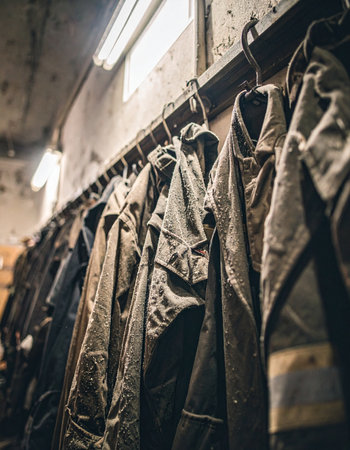 A row of dusty, well-worn work coats hang silently on hooks, each one a testament to a day of hard labor. In the dim light of an old factory or mine changing room, these garments tell a story of grit, history, and the forgotten lives of the industrial workforce.の素材