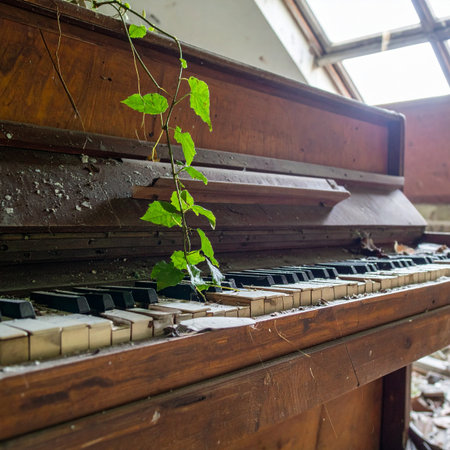 In a forgotten room where music once filled the air, an old piano sits in silence. Time has passed, and nature has begun to reclaim it, with a single green vine weaving through the broken keys, composing a new, silent melody of decay and rebirth.の素材