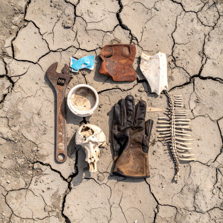 In a desolate, sun-scorched landscape, forgotten relics tell a silent story of a bygone era. A rusty tool, a weathered glove, and skeletal remains lie on the cracked earth, remnants of a world transformed by drought and time, offering a poignant glimpse into a lost civilization.の素材