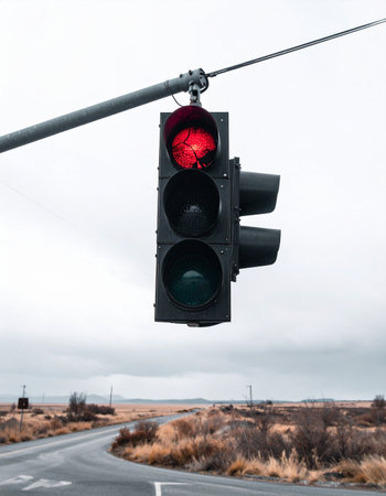 A solitary red traffic light hangs over a quiet, curving country road under an overcast sky. The signal to stop creates a moment of pause and reflection on a lonely journey, symbolizing a decision point or a necessary halt before continuing forward.の素材