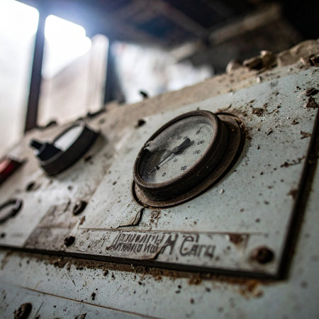 In the silence of a forgotten factory, a rusty gauge stands as a silent witness to a bygone industrial era. The decaying machinery tells a story of past productivity and the inevitable march of time, left to rust in the dim light.の素材