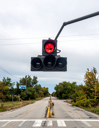 A single red traffic light hangs ominously over an empty country road, bringing all progress to a halt. This image symbolizes a moment of forced pause, a critical decision point, or an unexpected obstacle on the journey toward a goal.の素材