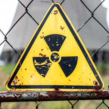 A weathered, rusty radiation warning sign hangs on a chain-link fence, a stark symbol of the unseen danger beyond. In the blurred background, a power plant cooling tower looms, hinting at the source of the potential hazard and creating a sense of foreboding.の素材