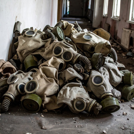 In a forgotten hallway where time stands still, a haunting pile of gas masks serves as a silent testament to a past catastrophe. Each mask, covered in dust and decay, tells a story of sudden evacuation and the lingering echoes of a disaster, creating a powerful and somber scene of abandonment and history.の素材