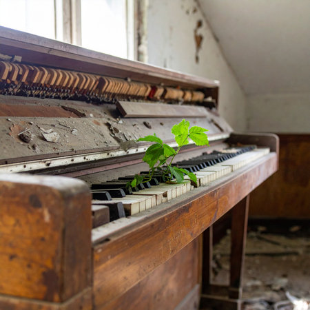 Where music once filled the air, only silence remains. A lone plant pushes through the keys of an abandoned piano, a poignant testament to hope, rebirth, and natures quiet, persistent song in the face of ruin.の素材