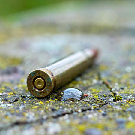 A single, spent brass bullet casing lies abandoned on a mossy surface, a silent testament to a past event. This macro shot captures the intricate details of the casing, hinting at a story of conflict, a crime scene investigation, or the aftermath of a moment of intense action.の素材