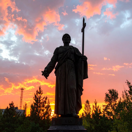 A monumental statue stands in solemn silhouette against a breathtaking sunset. The fiery clouds paint the sky in hues of orange and pink, casting a divine glow upon the historical figure. This powerful image evokes feelings of hope, faith, and quiet contemplation at the end of the day.の素材