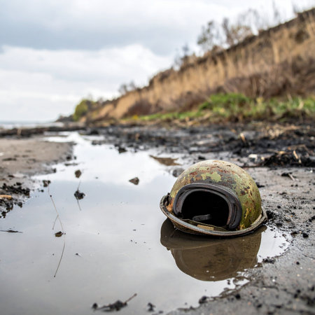 An old military helmet, a forgotten relic of a past conflict, rests in a muddy puddle on a desolate shore. The somber, overcast sky reflects in the water, creating a poignant scene that speaks to the aftermath of war, loss, and the enduring memory of history.の素材