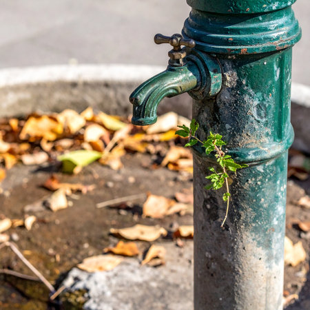 A close-up of a weathered, green cast-iron water pump standing as a relic of the past. Amidst the decay of fallen autumn leaves, a small, resilient plant sprouts from a crack, symbolizing hope, endurance, and the persistent cycle of life even in an urban setting.の素材