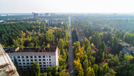 From a high vantage point, the abandoned city of Pripyat unfolds, a haunting testament to a past tragedy. A central road, once bustling with life, now carves a path through a dense forest that has reclaimed the urban landscape, swallowing soviet-era buildings in a silent, green embrace. This is a powerful symbol of natures resilience in the face of human disaster.の素材