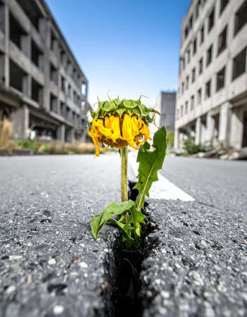 In the heart of a forgotten city, where silent buildings line an empty street, a single dandelion defies the odds. Pushing through a deep crack in the asphalt, its vibrant yellow bloom is a powerful symbol of hope, resilience, and the unstoppable force of life even in the most desolate of landscapes.の素材