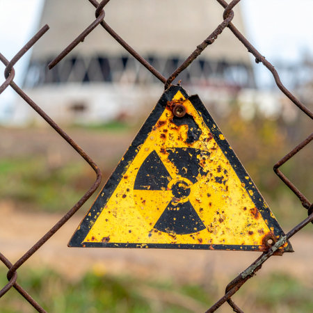 A weathered and rusty radiation warning sign clings to a chain-link fence, a stark reminder of the potent energy contained within the blurred cooling tower behind it. The decay of the sign speaks to a long-standing and persistent danger, marking a forbidden zone where caution is paramount.の素材
