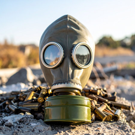 A lone gas mask, a silent sentinel from a forgotten conflict, rests upon a bed of spent bullet casings. The desolate, sunlit landscape hints at a story of survival, the aftermath of battle, and the enduring quiet of a world changed forever.の素材