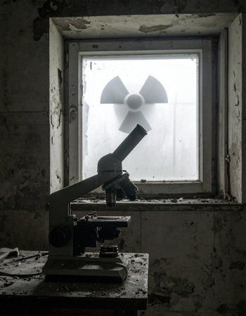 In a forgotten laboratory left to decay, an old microscope sits as a silent witness to a past disaster. Outside the grimy window, a radiation symbol serves as a stark warning of the unseen dangers that linger in this post-apocalyptic scene, creating a mysterious and eerie atmosphere.の素材