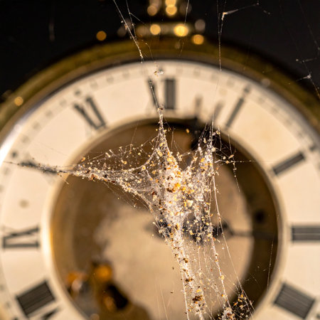 A macro shot of a forgotten antique clock face, its missing hands and dusty dial ensnared in an intricate spiderweb. This image serves as a powerful metaphor for the passage of time, decay, lost memories, and the beautiful melancholy of things left behind.の素材