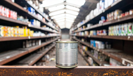 A single, unlabeled tin can sits in sharp focus, a symbol of basic sustenance and preparedness. Behind it, a long warehouse aisle stretches into the distance, its shelves filled with an abundance of supplies, creating a powerful visual about food security, storage, and the importance of a single donation.の素材